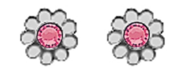 A Pair of White Tone Daisy Earrings with Simulated Swarovski Crystals October (Pink Tourmaline) Birthstones