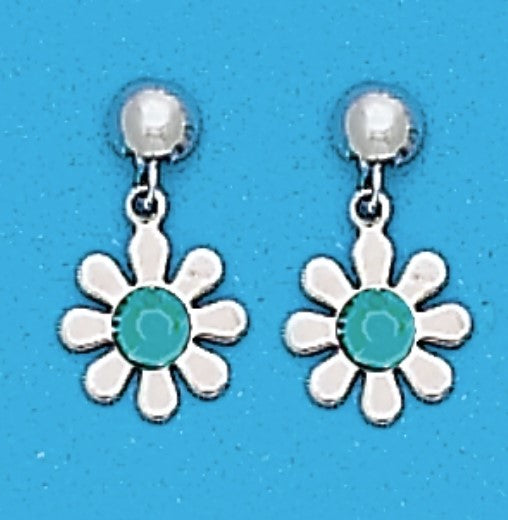 A Pair of white Tone dDngle Daisy Earrings with Simulated Swarovksi crystals December (Blue Zircon) Birthstones.