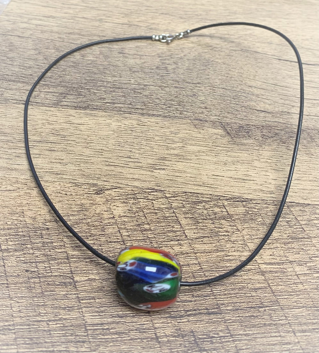 Handmade Large Multi Color Glass Bead Necklace on a Black Leather Cord