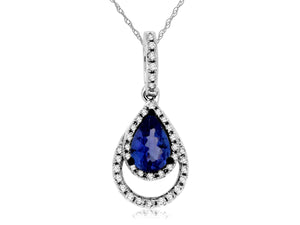 14 Karat White Gold Double Halo Teardrop Style Tanzanite and Diamond Pendant