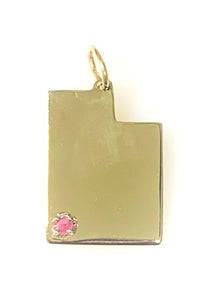 14 Karat Yellow Gold Utah State Charm Accented with a Red Beryl Gemstone