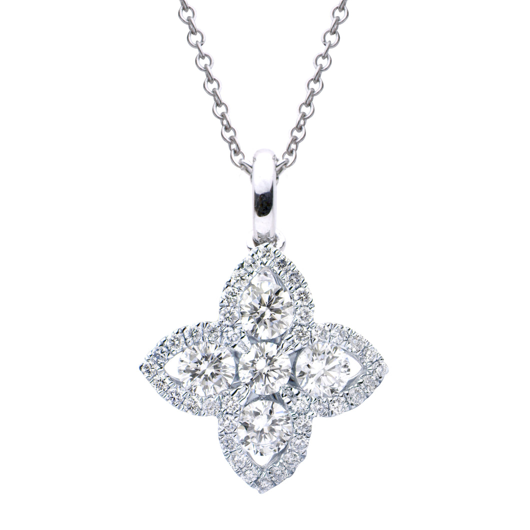 18 Karat White Gold Diamond Fashion Clover Style Halo Design Pendant