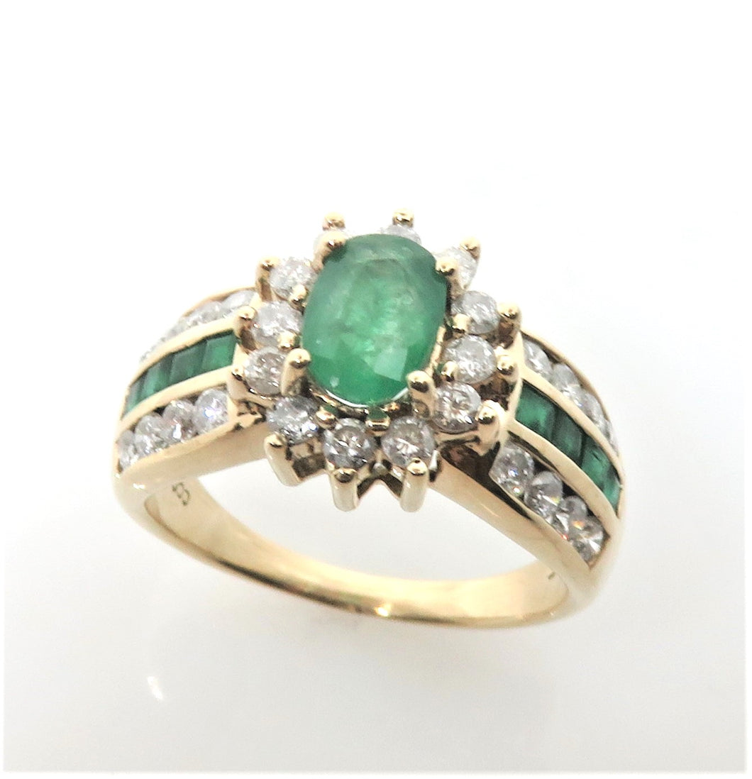 14 Karat Yellow Gold Estate Emerald and Diamond Fashion Ring