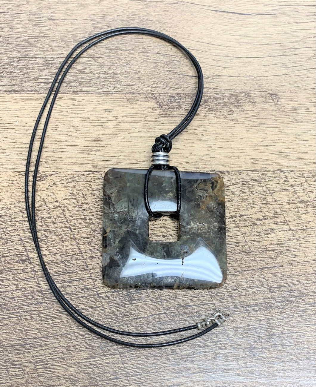 Handmade Square Jasper Necklace on Black Leather Cord