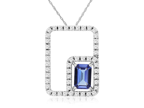 14 Karat White Gold Double Restangle Design Tanzanite and Diamond Fashion Pendant