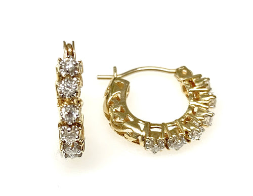 Estate 14 Karat Yellow Gold Diamond Hoop Earrings