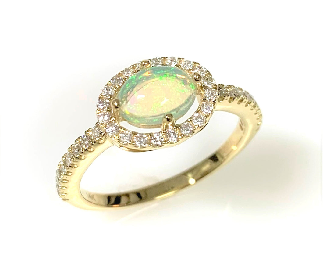14 Karat Yellow Gold Opal and Diamond Fashion Ring