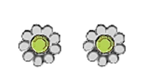 A Pair of White Tone Daisy Earrings with Simulated Swarovski Crystals August (Peridot) Birthstones.