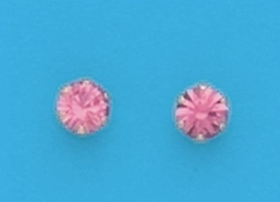 A Pair of White Tone 4 mm Round Eimulated Swarovski Crystal October (Pink Tourmaline) Birthstone Earrings