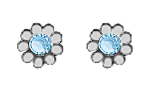 A Pair of White Tone Daisy Earrings with Simulated Swarovski Crystals March (Aquamarine) Birthstones.