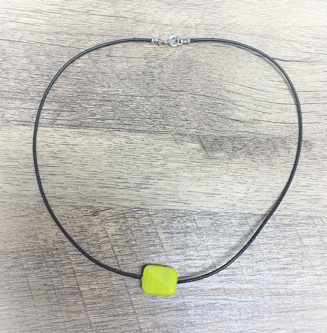Handmade Rectangle Yellow Glass Bead Necklace on Black Leather Cord