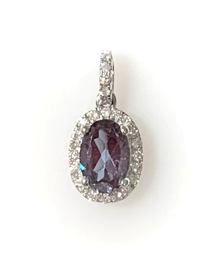 14 Karat White Gold Lab Created Alexandrite and Diamond Halo Fashion Pendant