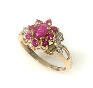 10 Karat Yellow Gold Estate Crossover Cluster Style Ruby and Diamond Fashion Ring