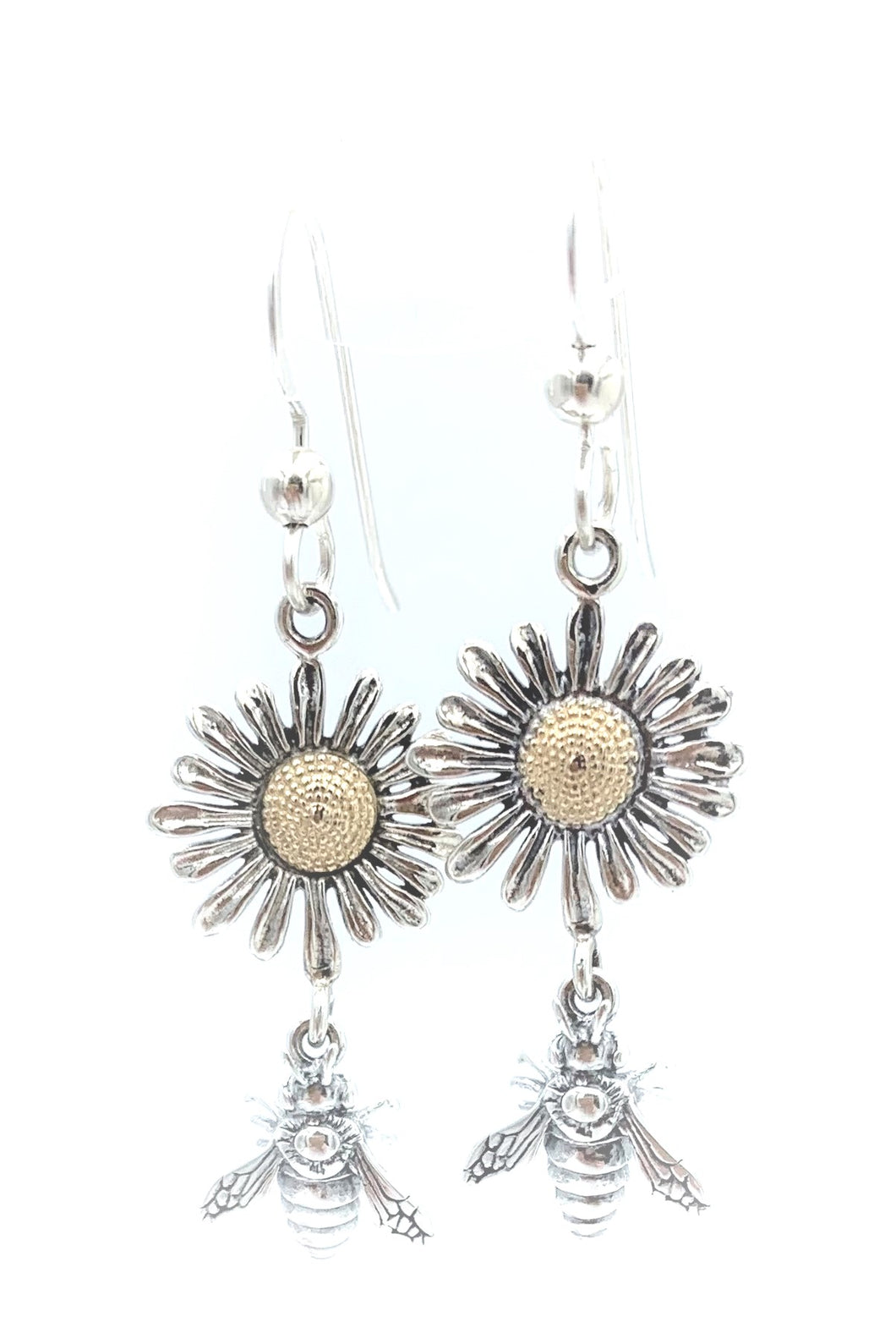 Sterling Silver Handmade Sunflower and Bumblebee Dangle Earrings