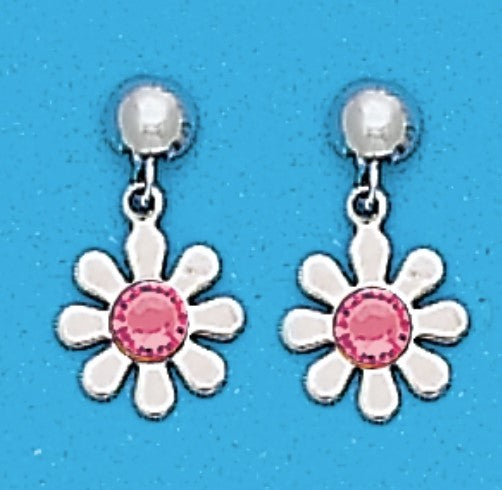 A Pair of WhiteTtone Dangle Daisy Earrings with Simulated Swarovksi Crystals October (Pink Tourmaline) Birthstones.