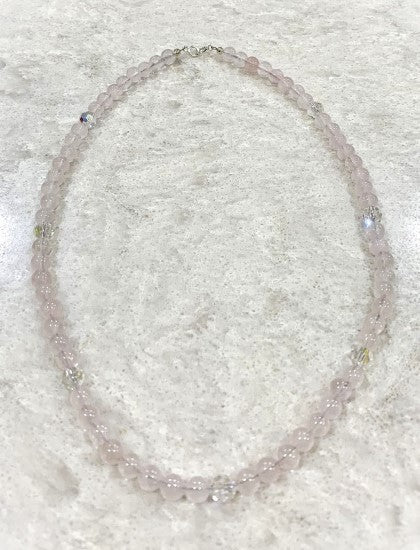 Handmade pink Quartz Bead Necklace with Clear Swarovski Crystal Beads