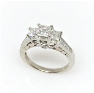 18 Karat White Gold Estate Three Stone Trellis Design Diamond Anniversary Ring
