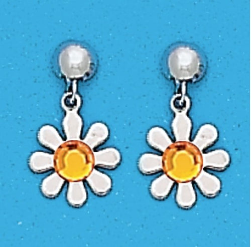 A Pair of White Tone Dangle Daisy Earrings with Simulated Swarovksi crystals November (Citrine) Birthstones.