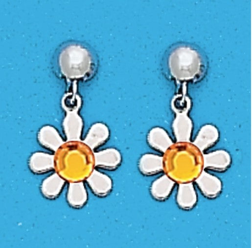 A Pair of White Tone Dangle Daisy Earrings with Simulated Swarovksi crystals November (Citrine) Birthstones.