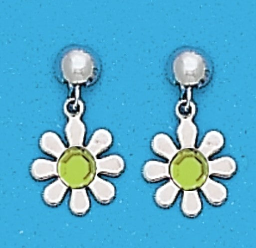 A Pair of White Tone Dangle Daisy Earrings with Simulated Swarovksi Crystals August (Peridot) Birthstones.