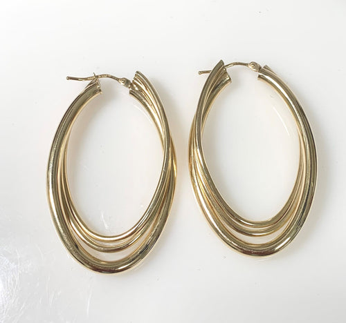 14 Karat Yellow Gold Large Oval Double Hoop Style Fashion Earrings