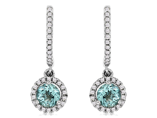 14 Karat White Gold Halo Drop Aquamarine and Diamond Fashion Earrings