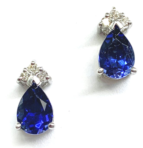 A Pair of 14 Karat Yellow Gold Synethetic Blue Sapphire and Natural Diamond Fashion Earrings