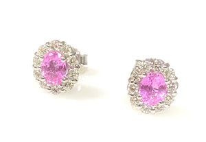A Pair of 14 Karat White Gold Pink Sapphire and Diamond Halo Earrings