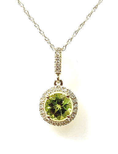 14 Karat Yellow Gold Round Halo Design Peridot and Diamond Fashion Pendant