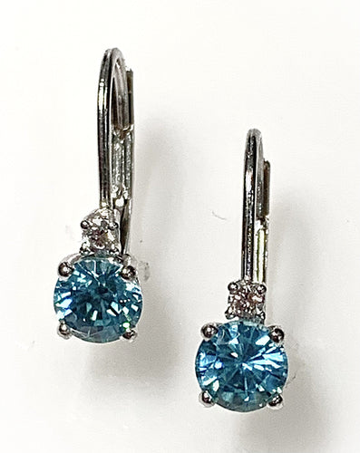 A Pair of 14 Karat White Gold Lever Back Style Blue Zircon and Diamond Fashion Earrings