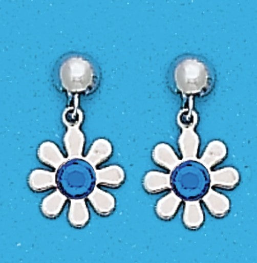 A Pair of White Tone Dangle Daisy Earrings with Simulated Swarovksi Crystals September (Sapphire) Birthstones.
