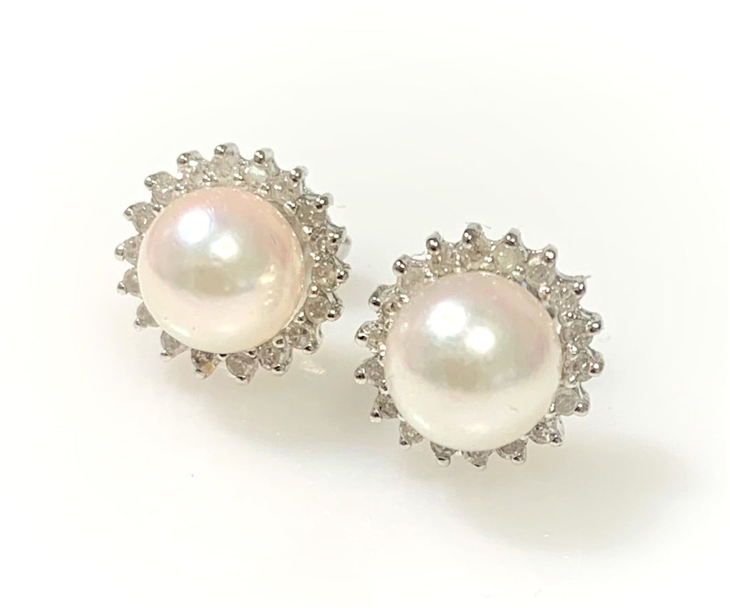 14 Karat White Gold Estate Pearl and Diamond FashionEarrings