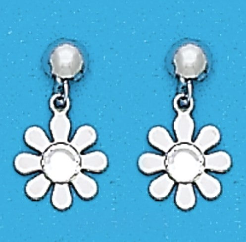 A Pair of White Tone Dangle Daisy Earrings with clear Simulated Swarovksi Crystals April (diamond) Birthstones