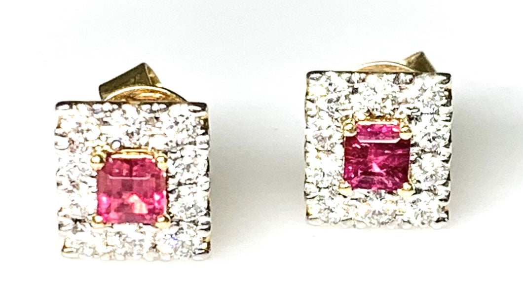 A Pair of 18 Karat Yellow Gold Red Beryl and Diamond Fashion Earrings