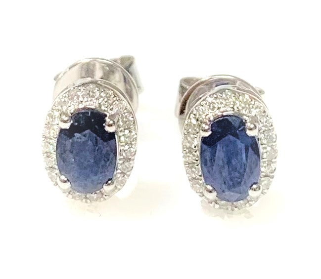 14 Karat White Gold Blue Sapphire and Diamond Halo Fashion Earrings