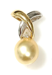 14 Karat Yellow and White Gold 'X' Design Pearl and Diamond Fashion Pendant