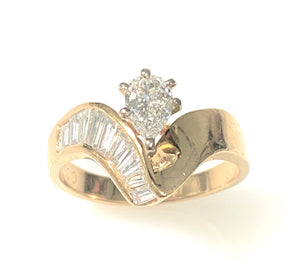 14 Karat Yellow Gold Estate Ribbon Design Pear Cut Diamond Engagement Ring