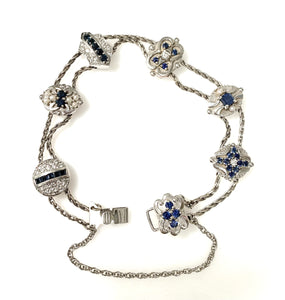 14 Karat White Gold Estate Pearl, Blue Sapphire and Diamond Gemstone Slide Bracelet