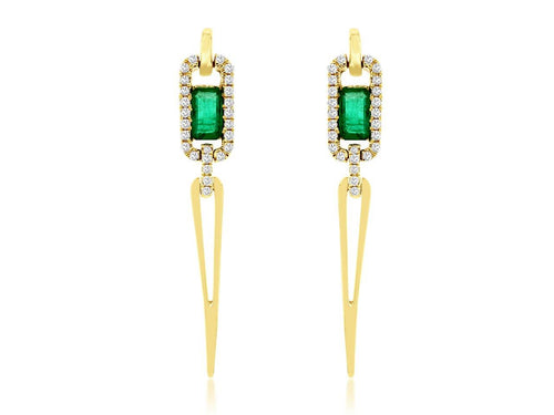 14 Karat Yellow Gold Halo Drop Style Emerald and Diamond FAshion Earrings
