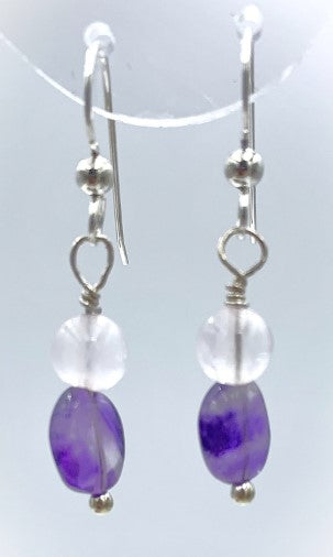 Sterling Silver Pink Quartz and Amethyst Bead Earringa