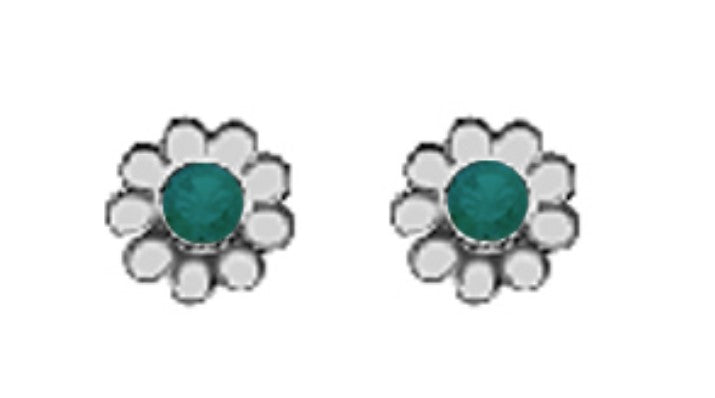 A Pair of White Tone Daisy Earrings with Simulated Swarovski Crystals May (Emerald) Birthstones.
