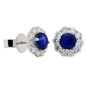 18 Karat Ehite Gold Blue Sapphire and Diamond Halo Earrings