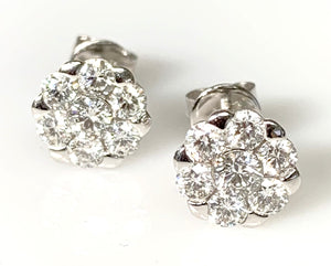 A Pair of 14 Karat White Gold Estate Round Cluster Diamond Earrings