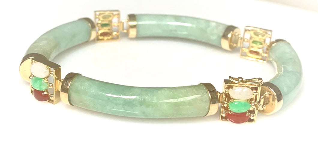 14 Karat Yellow Gold Green Jade Bracelet