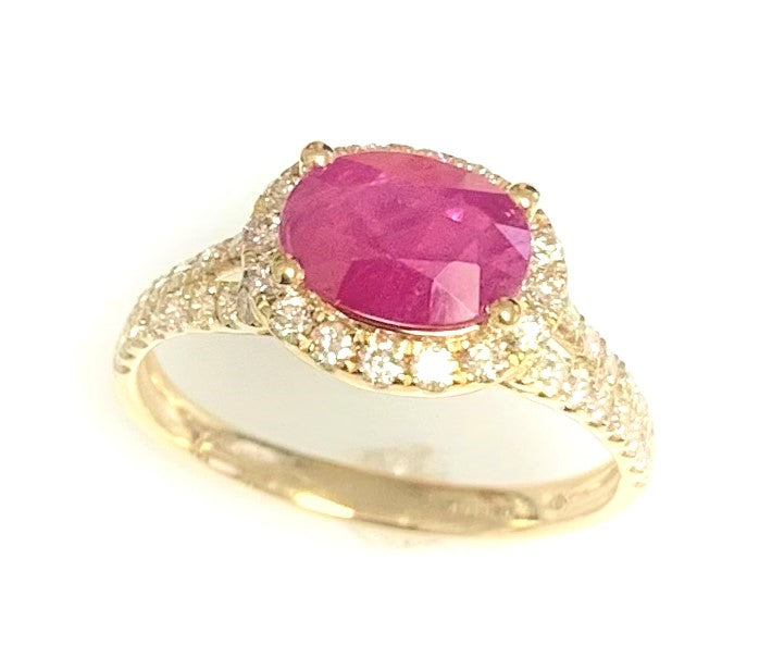 14 Karat Yellow Gold Halo Design Ruby and Diamond Fashion Ring