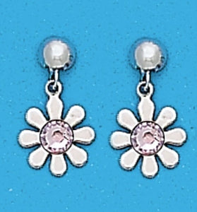 A Pair of White Tone Dangle Daisy Earrings with Simulated Swarovksi Crystals June (Alexandrite) Birthstones.  T