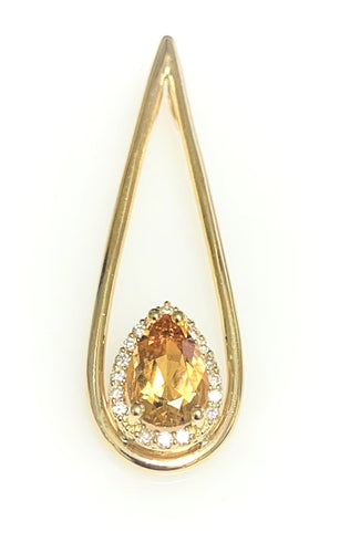 14 Karat Yellow Gold Teardrop Halo Topas ans Diamond Pendant