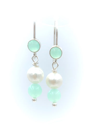 Handmade Chrysoprase and Pearl Dangle Earings with Sterling Silver Ear Wires