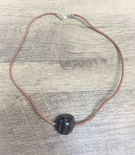 HandmadeBrown, Blue and Grey Striped Glass Bead Necklace on a Tan Leather Cord