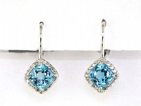 14 Karat White Gold Blue Topaz and Diamond Dangle Halo Style Fashion Earrings